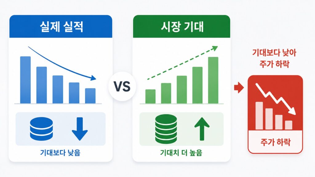 실제 실적과 시장 기대를 비교해 실적이 좋은데 주가가 떨어지는 이유를 설명하는 이미지