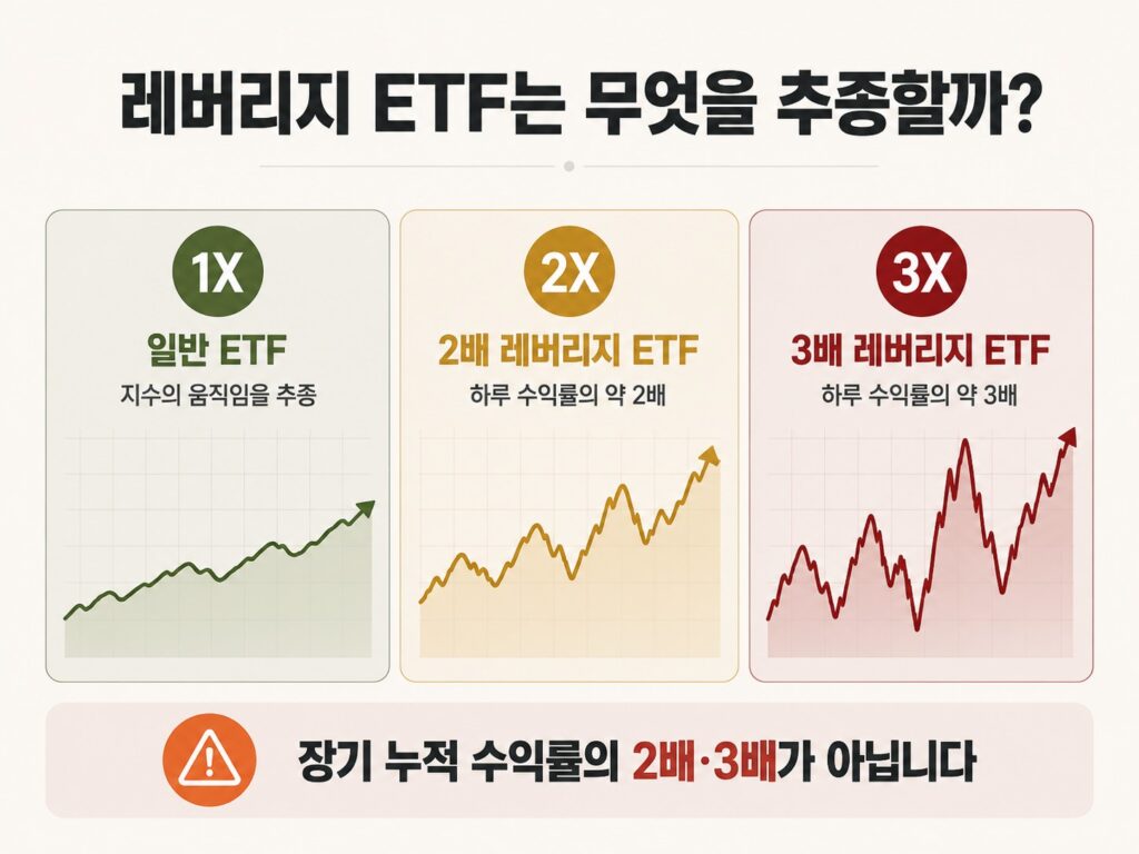 일반 ETF와 2배·3배 레버리지 ETF의 일일 수익률 추종 구조 비교
