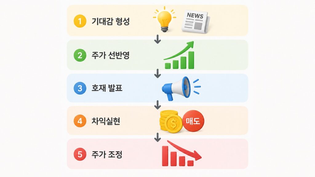 기대감 형성부터 주가 선반영, 호재 발표, 차익실현, 주가 조정까지 셀 더 뉴스 과정을 설명한 흐름도
