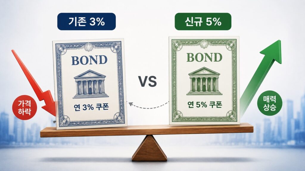 기존 3% 채권과 신규 5% 채권 비교로 기존 채권 가격이 하락하는 구조