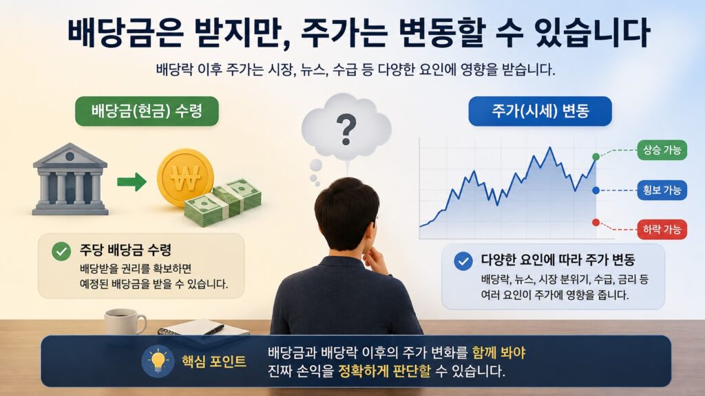배당금 수령과 배당락 이후 주가 변동을 함께 보여주는 이미지