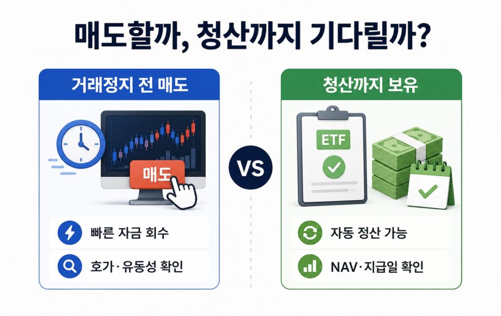 ETF 상장폐지 전 매도와 청산까지 보유하는 방법 비교