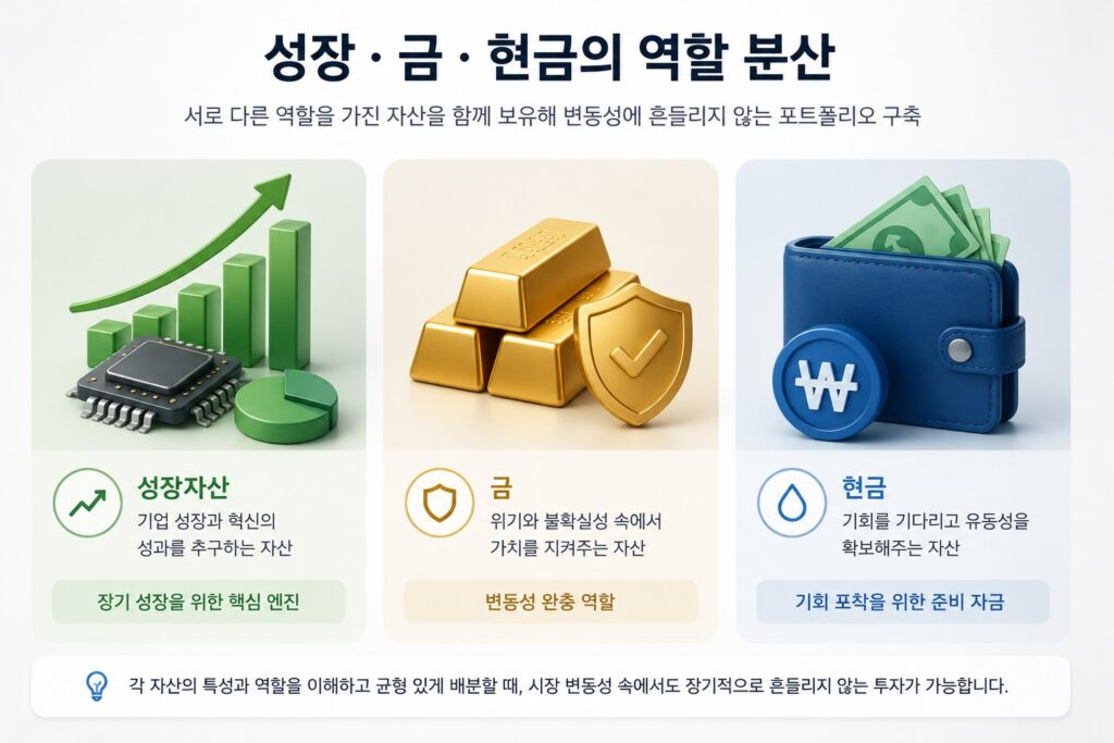 성장자산 금 현금이 서로 다른 역할을 담당하는 자산배분 구조