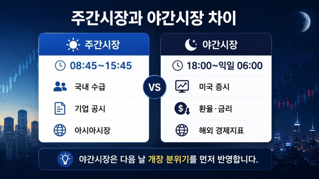 코스피200 주간시장과 야간시장의 거래시간과 주요 변수를 비교한 이미지