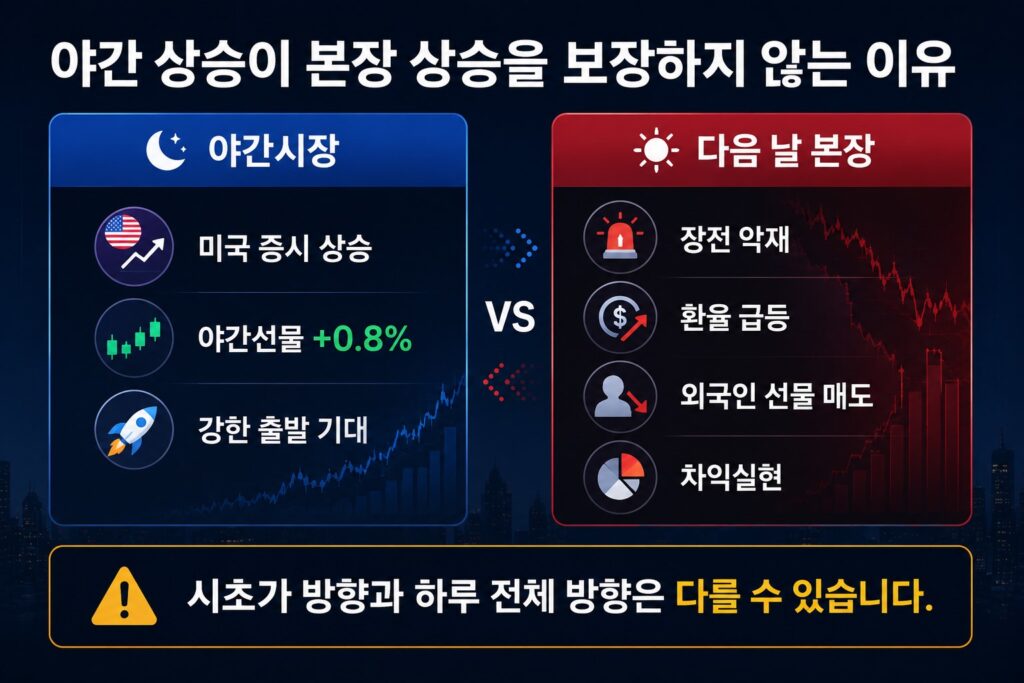 코스피 야간선물 상승에도 다음 날 본장 방향이 달라질 수 있는 이유를 설명한 이미지