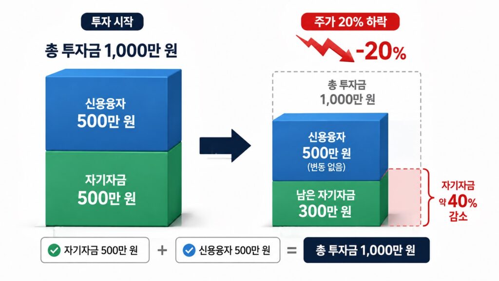 신용거래에서 주가 20% 하락 시 자기자금이 약 40% 감소하는 사례