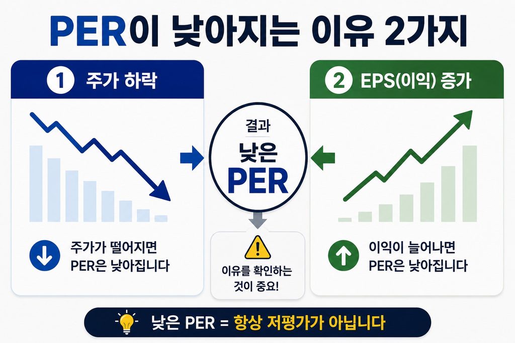 주가 하락과 EPS 증가가 낮은 PER로 이어지는 두 가지 경로