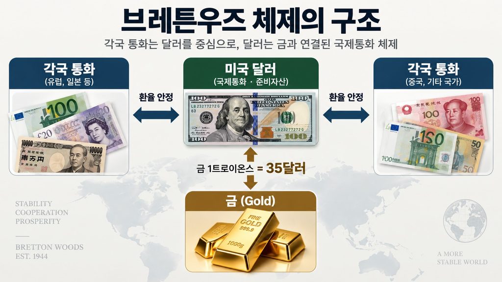각국 통화와 미국 달러, 금의 관계를 보여주는 브레튼우즈 체제 구조