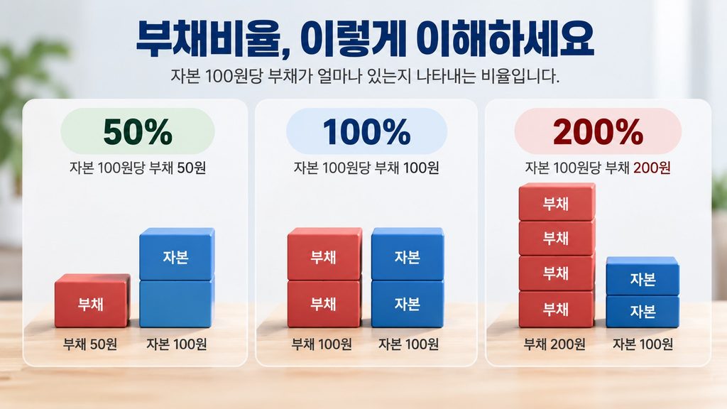 자본 100원당 부채 규모로 비교한 부채비율 50% 100% 200% 이미지