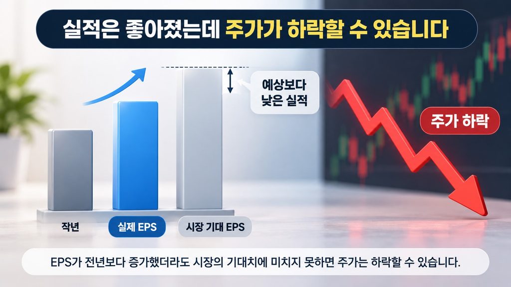 시장 기대 EPS보다 실제 EPS가 낮을 때 주가가 하락할 수 있는 구조