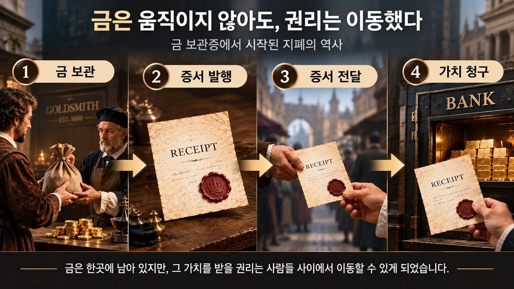 금을 보관하고 받은 증서가 사람들 사이에서 거래되는 초기 은행권 구조