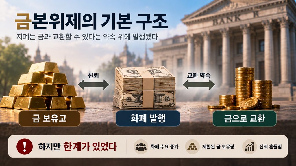 금 보유고와 화폐 발행, 금 교환 약속을 보여주는 금본위제 구조