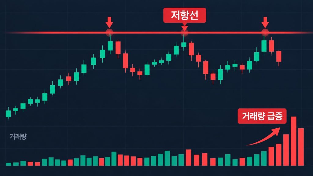 거래량이 급증했지만 저항선을 돌파하지 못하는 주가 차트