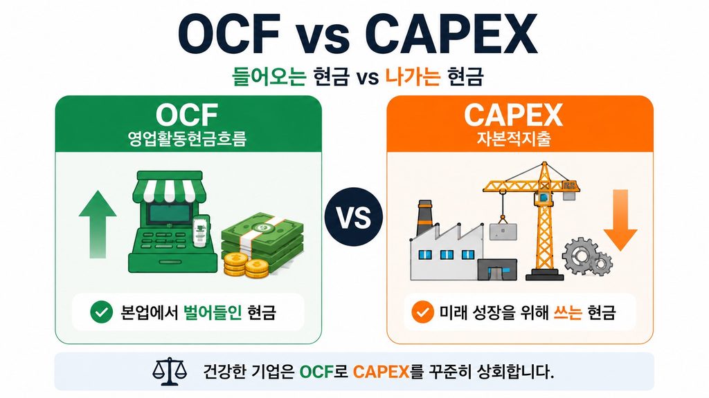 영업활동현금흐름 OCF와 자본적지출 CAPEX 차이를 비교한 이미지
