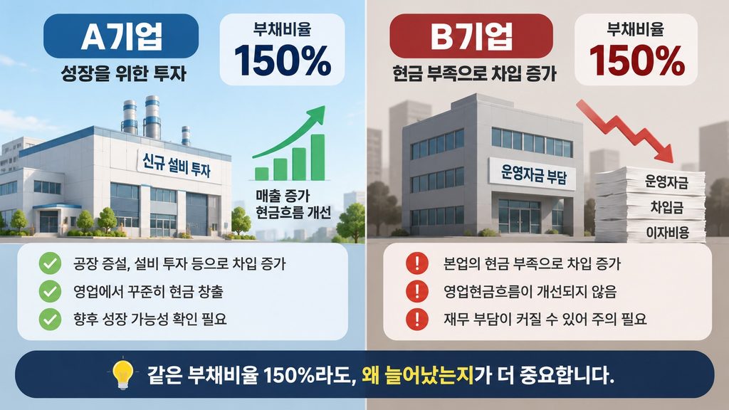 같은 부채비율 150%라도 차입 목적과 현금흐름에 따라 다른 기업 비교 이미지