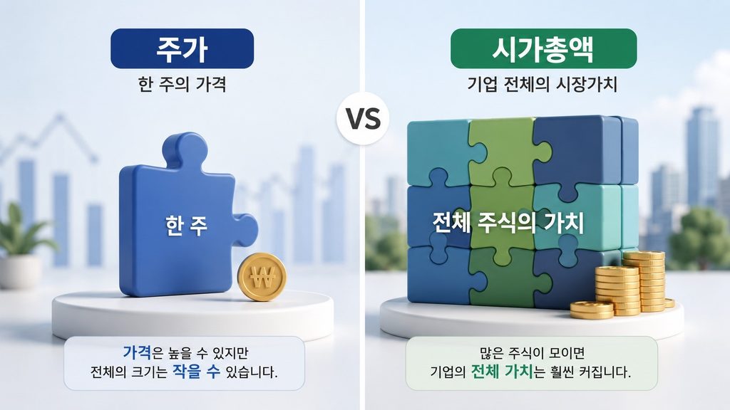 주가와 시가총액의 차이를 한 주의 가격과 전체 주식 가치로 비교한 이미지