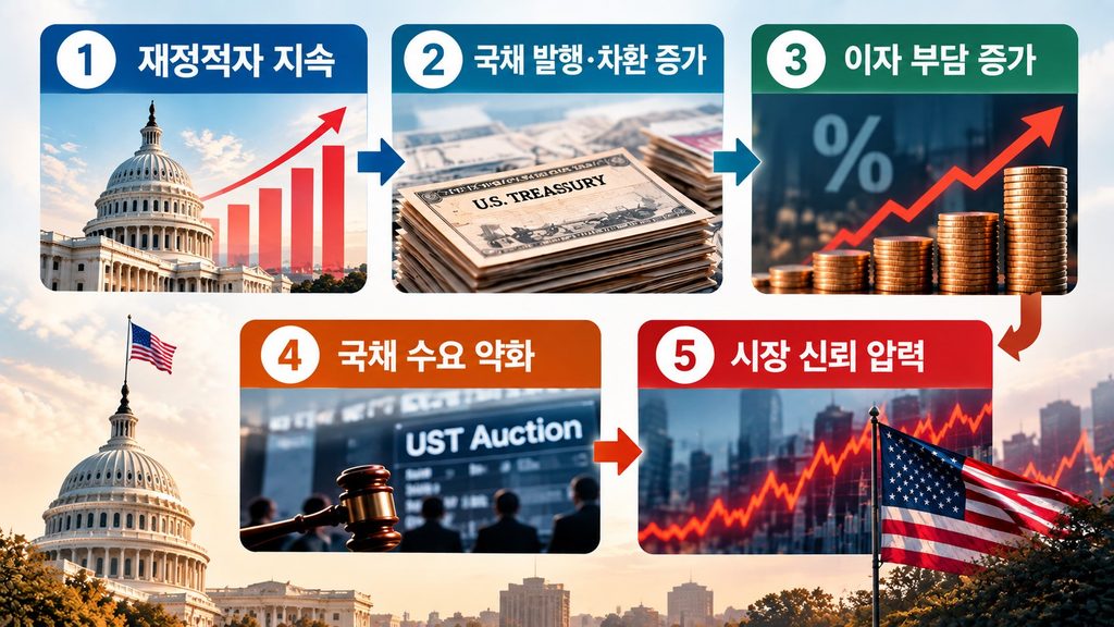 미국 부채 위기가 재정적자와 국채 차환을 거쳐 시장 신뢰 문제로 이어지는 과정