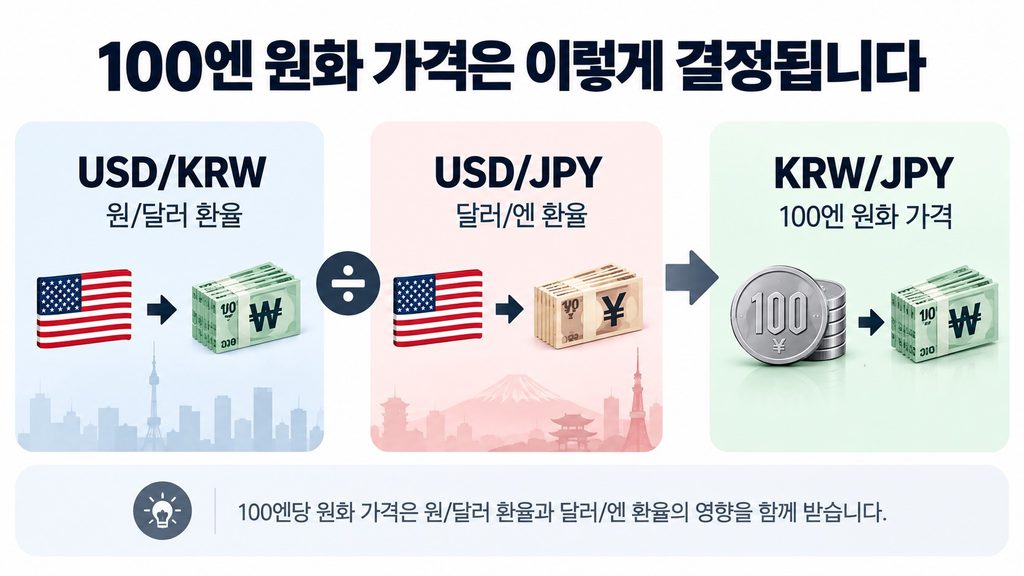 원달러와 달러엔 환율로 100엔 원화 가격이 결정되는 구조